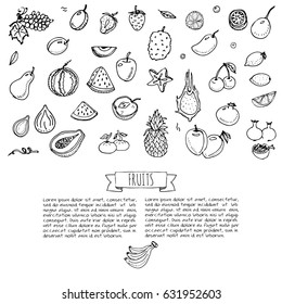 Hand drawn doodle fruits icons set Vector illustration seasonal fruits symbols collection Cartoon different kinds of fruits Various types of tropical fruits on white background Sketch style Fruit eps