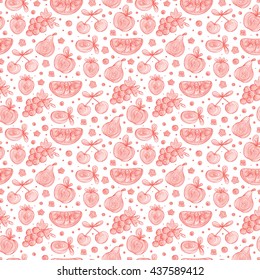 Hand Drawn Doodle Fruits with spiral pattern Seamless pattern. Abstract Red striped fruits and berries: watermelon, apple, pear, grapes, strawberries, plums, cherries. Vector illustration