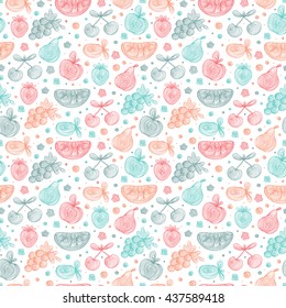 Hand Drawn Doodle Fruits with spiral pattern Seamless pattern. Abstract Blue Pink striped fruits and berries: watermelon, apple, pear, grapes, strawberries, plums, cherries. Vector illustration