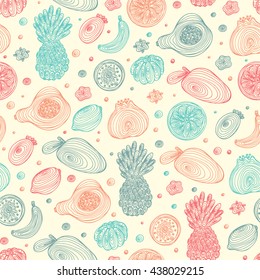 Hand Drawn Doodle Fruits with spiral pattern Seamless background. Abstract Blue Pink striped fruits: pineapple, banana, lemon, pomegranate, mango, pineapple guava, orange, tangerine, papaya, kiwi