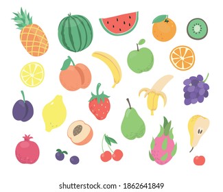 Hand drawn doodle fruits. Tropical set with citrus, avocado and apple, lemon, orange, natural vegan sweet summer fruits. Vegetarian food flat icons.