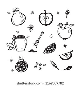 Hand Drawn Doodle Fruits Vector Set. Pomegranate Fruit, Apples, Honey Jar, Flowers and Leaves