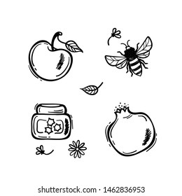 Handgezeichnete Doodle Fruits Vektor Set. Granatapfelfrucht, Äpfel, Honig, Bienen, Blumen und Blätter. Jüdischer Neujahrsfeiertag, Shana Tova, Rosh Hashanah Design