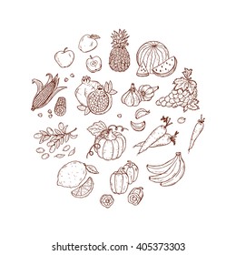 Hand Drawn doodle Fruits and vegetables vector set 