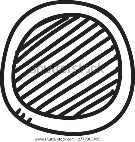 Hand drawn doodle of a fully filled circle representing 60 minutes, one hour, or a solid button
