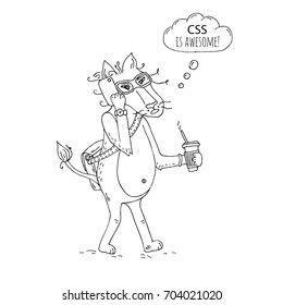 Hand drawn doodle funny cartoon geek Lion character walking with glasses, briefcase, cup of coffee and talking to smartphone. Speak bubble saying: CSS is awesome. Vector illustration.
