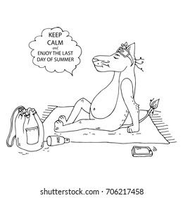 Hand drawn doodle funny cartoon geek Lion character with glasses sunbathing on last summer day. Sitting on the blanket with backpack and smartphone. Speech bubble. Vector illustration.