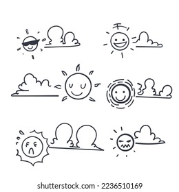 hand drawn doodle funny sun and cloud illustration vector