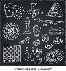 Hand drawn doodle Games set. Chess piece, casino  roulette, cards, billiards. Sketches. Vector illustration of for design and packages product. Vector Illustration.