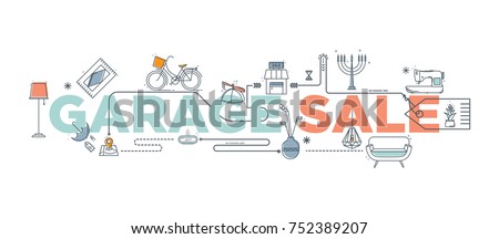 Hand drawn doodle garage sale set icons isolated on the white background. Yard sale elements with signs, box and household items. Branding technology concept for Header banner, flyer, card, brochure.