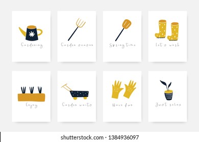 Hand drawn doodle garden tools collection including rubber boots, gloves, plants, cart, pot, shovel, rake, soil, watering can. Spring season objects collection