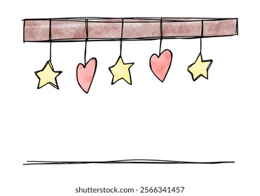 Hand drawn doodle garland with hearts and stars, vector illustration.