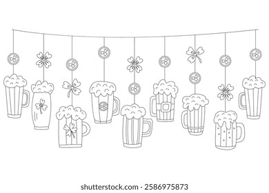 Hand drawn doodle garland for St. Patrick’s Day with black outlines. Features beer mugs, shamrocks, and coins. Ideal for coloring pages, party decorations, and craft projects