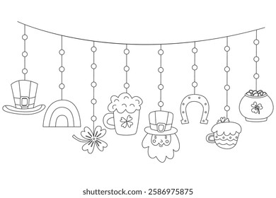 Hand drawn doodle garland for St. Patrick’s Day. Features black outline elements like a leprechaun, beer mug, shamrock, pot of gold, and horseshoe. Great for coloring pages and festive decorations.