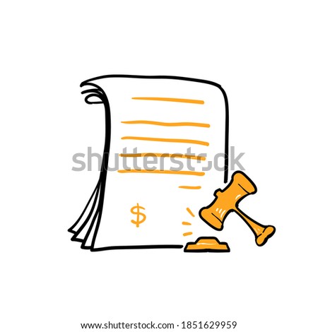 hand drawn doodle gavel and document symbol for penalty icon, financial forfeit, surcharge. isolated background