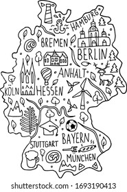 Hand drawn doodle Germany map. German city names lettering and cartoon landmarks, tourist attractions cliparts. travel, trip comic infographic poster, banner concept design. Ball, Bremen, Berlin