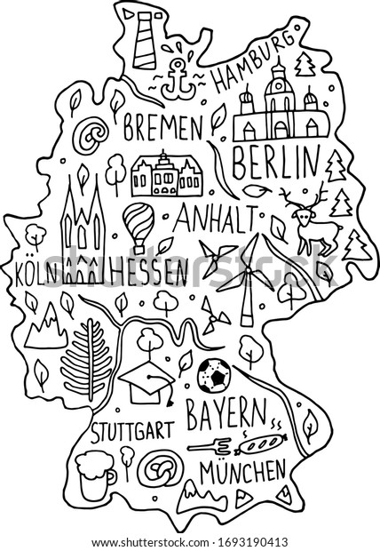 ドイツの手描きの落書きの地図 ドイツの都市名の文字 漫画のランドマーク 観光資源クリップアート 旅行 漫画のインフォグラフィックポスター バナーコンセプトデザイン ボール ブレーメン ベルリン のベクター画像素材 ロイヤリティフリー