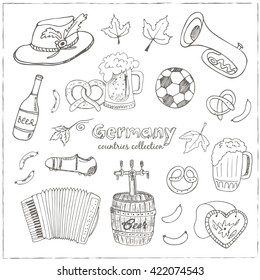 Hand drawn doodle Germany travel set.  Sketchy Icons set. Travel Collection. Isolated vector illustration.