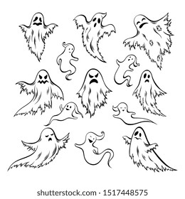 Hand drawn doodle  ghost set. Collection of Halloween symbol. Magic creature set.
