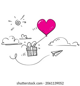 hand drawn doodle gift box flying balloon illustration vector isolated