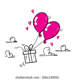 hand drawn doodle gift box flying balloon illustration vector isolated