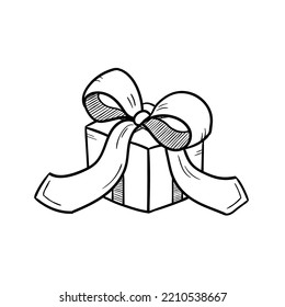 Hand drawn doodle gift box. Vector outline illustration. Perfect for greeting cards, print, textile designs, holiday designs, banners.