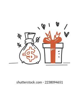 hand drawn doodle gift box and money bag illustration vector isolated