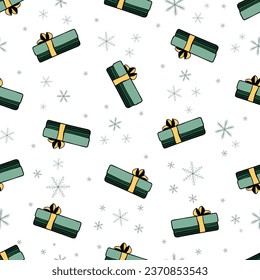 Hand drawn doodle gift box with bow and ribbon with snowflakes in cute winter seamless pattern on a white background.
