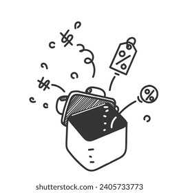 hand drawn doodle gift box with discount sales coming out of it illustration vector