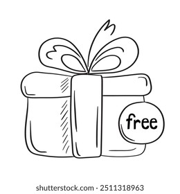 Hand drawn doodle gift box with a bow and "free" tag, ideal for promoting free offers, giveaways, and marketing campaigns.