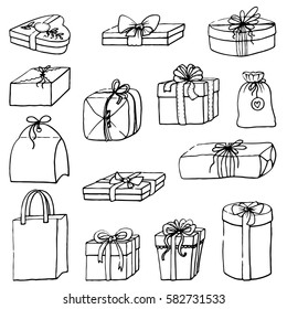 Hand drawn Doodle gift box icon set with different bows isolated on white background. Vector illustration.