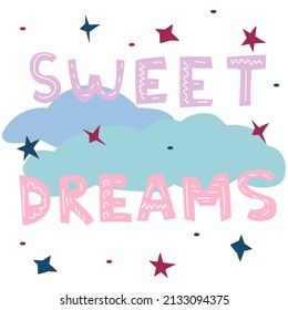 Tarjeta de regalo de doodle dibujada a mano con texto dulces sueños, estrellas y nubes sobre fondo blanco