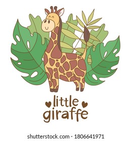 Hand drawn doodle giraffe character with green leaves and small text.