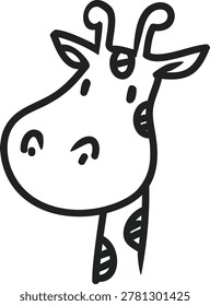 Hand drawn doodle of a giraffe head with its unique ossicones and neck.