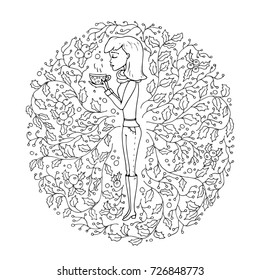 Hand drawn doodle girl icon - young woman wearing a warm pullover holding cup with tea surrounded by holly floral decoration isolated on white background. Cartoon vector illustration. Merry Christmas
