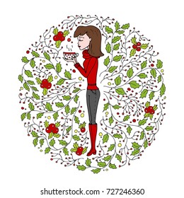 Hand drawn doodle girl icon - young woman wearing a warm pullover holding cup with tea surrounded by holly floral decoration isolated on white background. Cartoon vector illustration. Merry Christmas