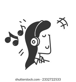 hand drawn doodle girl listening music with headset illustration vector