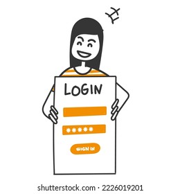 hand drawn doodle girl with login form web page illustration vector
