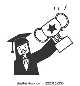 hand drawn doodle girl with trophy award and graduation gown illustration