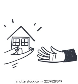hand drawn doodle give to another hand small house illustration vector