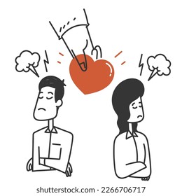 hand drawn doodle hand give love to couple in quarrel illustration