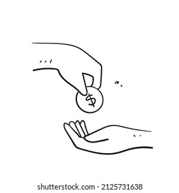 hand drawn doodle hand give and take money coin illustration isolated