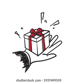 Hand Drawn Doodle Hand Gives A Gift Box With A Bow Illustration