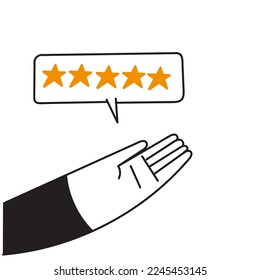 doodle dibujado a mano Dando un vector de revisión de cinco estrellas de retroalimentación