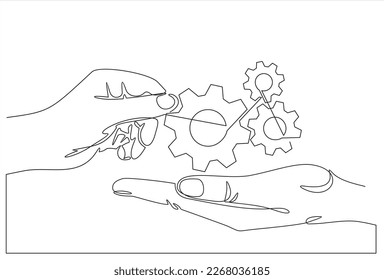 mano de doodle dibujada a mano que da engranajes, desarrollo tecnológico, ingeniería, tecnología. ilustración en estilo de arte de línea continua