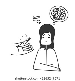 hand drawn doodle Hand giving pills to depression person illustration