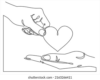 hand drawn doodle hand giving and receiving love illustration in continuous line art style