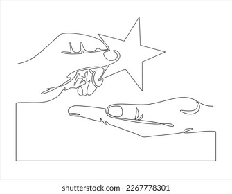 hand drawn doodle hand giving and receiving star, puts rating, reviews. Vector continuous line. illustration in continuous line art style
