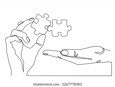 hand drawn doodle hand giving and receiving puzzle. Business matching - connecting puzzle elements.  Puzzle game symbol and iconic business metaphor for problem solving, solution and strategy.