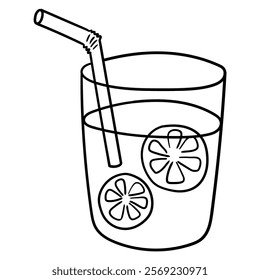 Hand drawn doodle glass of lemonade with a straw isolated on a white background. Vector illustration.